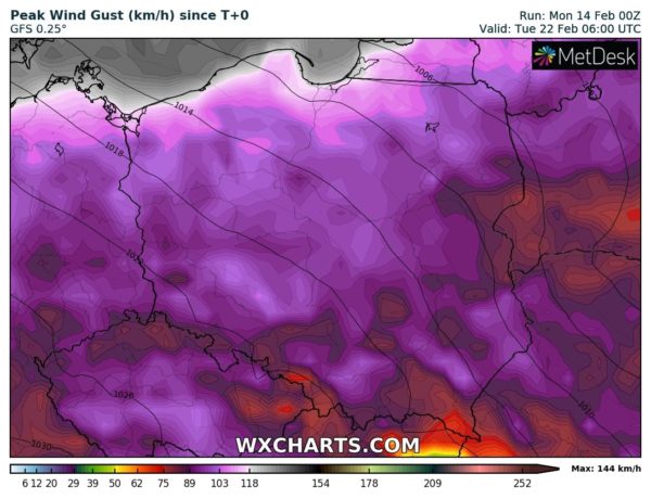 Możliwe porywy wiatru w okresie od 17 do 22 lutego wedle modelu numerycznego GFS