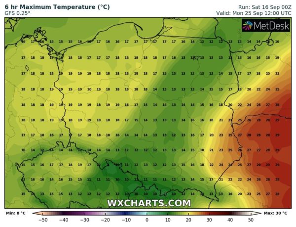 Prognozowana temp. powietrza pod koniec miesiąca dla naszego kraju - ( WXCHARTS.COM ) 