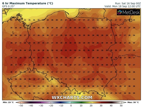 Prognozowana temp. powietrza w cieniu od nowego tygodnia dla naszego kraju - ( WXCHARTS.COM ) 
