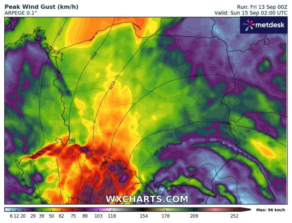 Aktualne porywy wiatru - Źródło - WXCHARTS. COM 