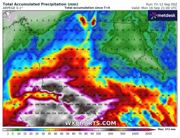 Możliwa największa suma opadów - Źródło - WXCHARTS.COM 