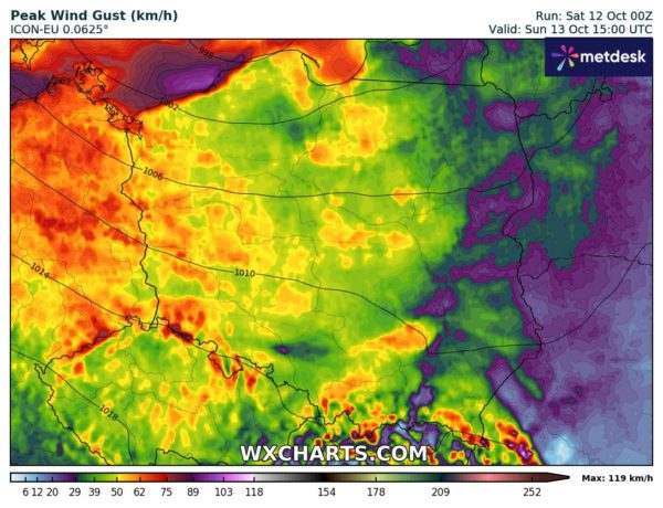 Możliwe silne i bardzo silne porywy wiatru na 13.10.2024r 