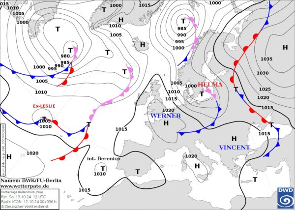 Prognozowany układ niskiego ciśnienia "Helma" i system frontów atmosferycznych - ( DWD ) 