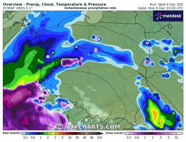 Prognozowane Opady Mieszane od poniedziałku 09.12. - ( WXCHARTS ) 