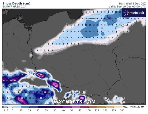 Możliwy przyrost pokrywy śnieżnej do wtorku 10.12. - ( WXCHARTS ) 