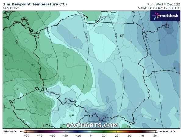 Prognozowana temperatura punktu rosy 06.12 - ( WXCHARTS ) 